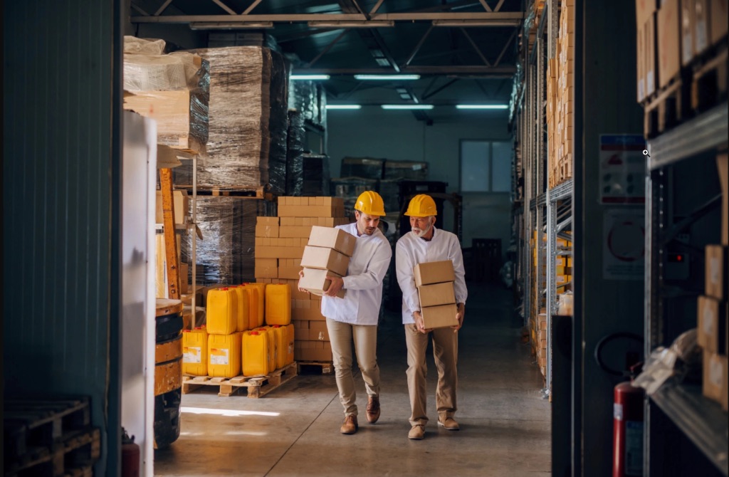 two man in a warehouse discussing about cargo shipment